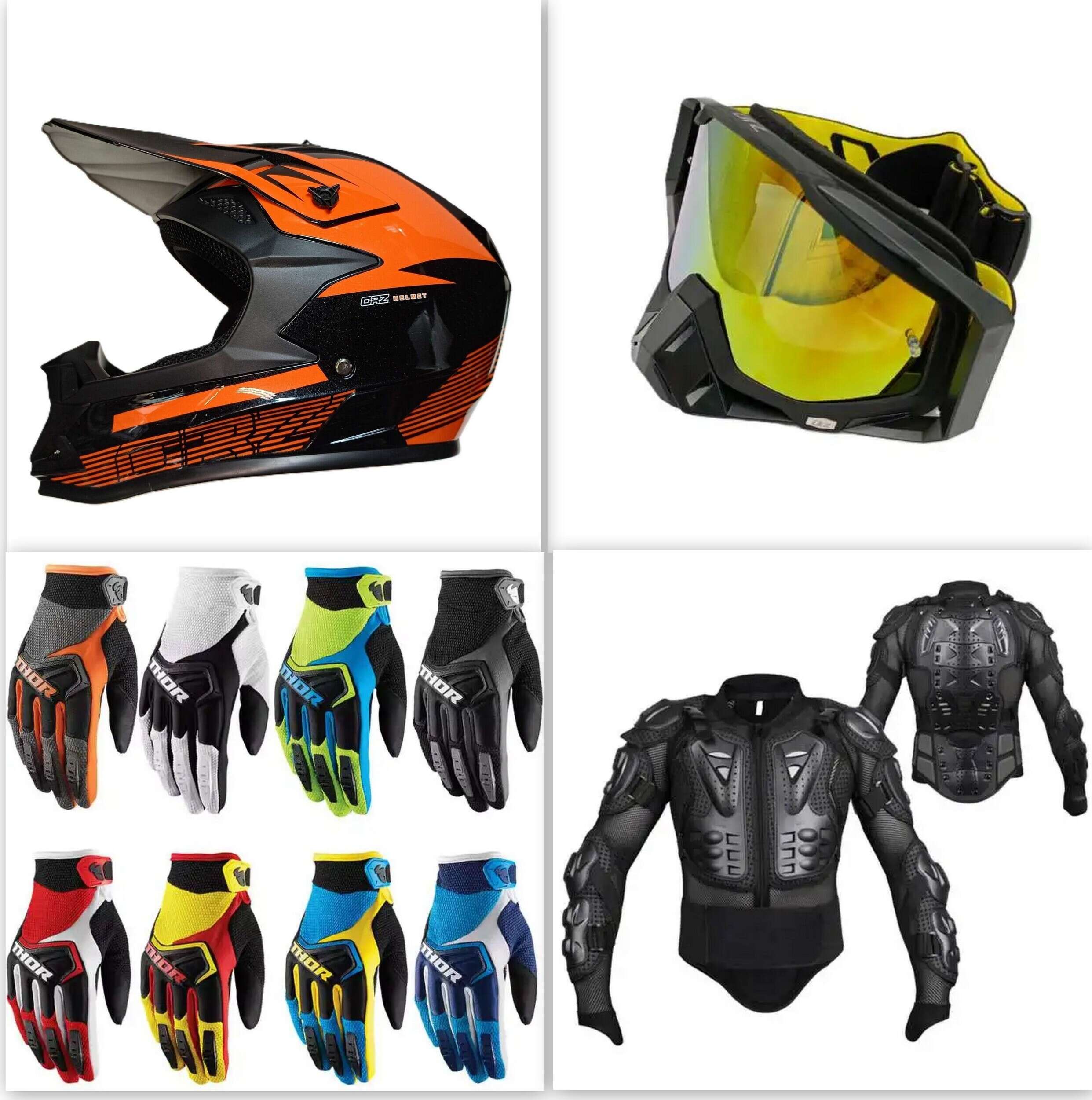 Комплект кросова каска ръкавици очила и ризница